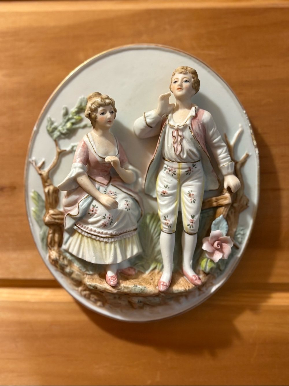 Vintage 3D Victorian Couple Hand Painted Relief Porcelain Wall Plaque